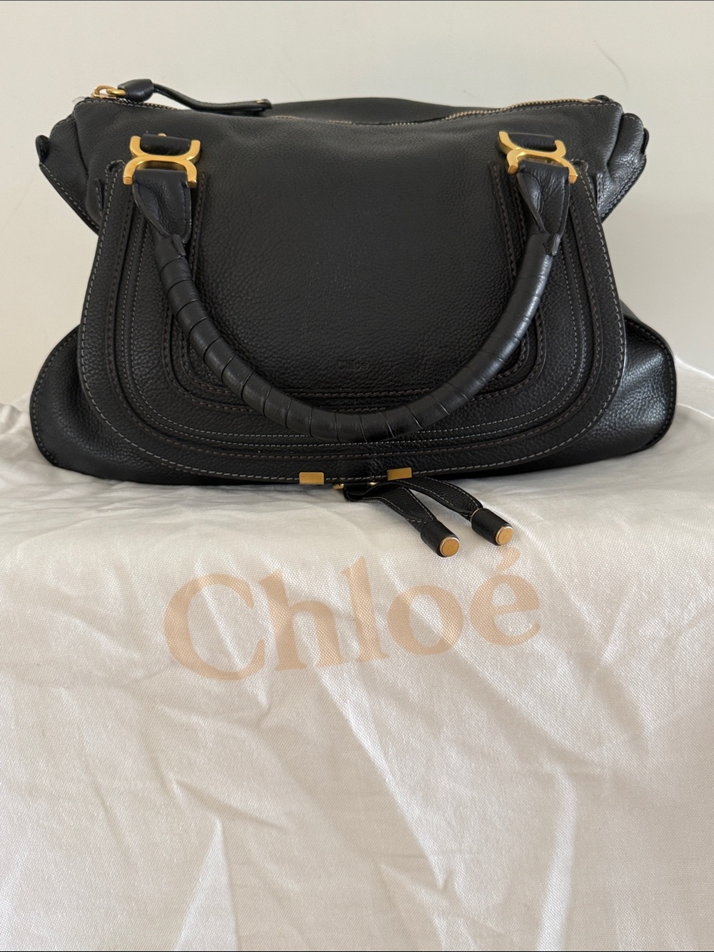 Chloe Marcie Large Black Leather Shoulder Bag with Gold Hardware